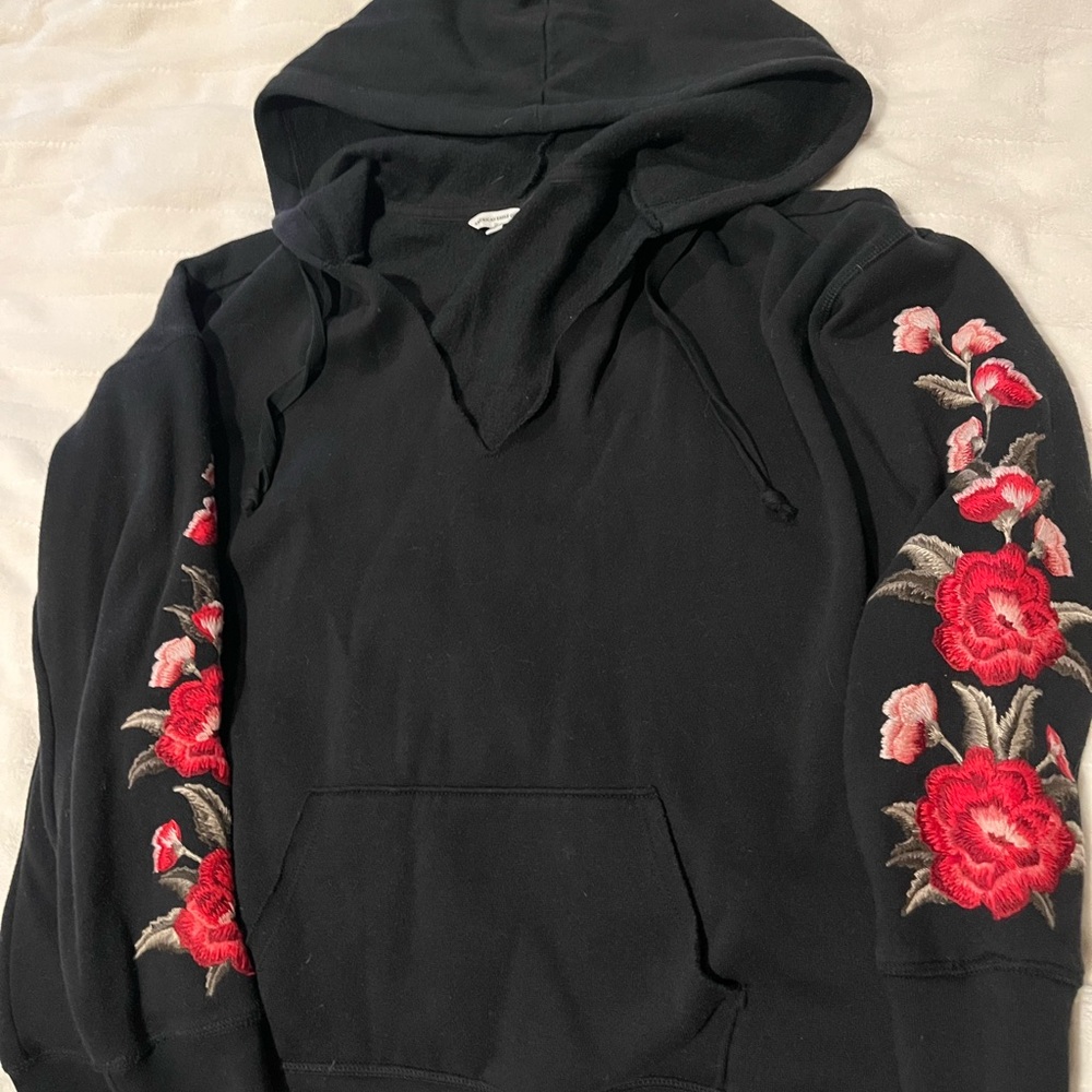 Floral Embroidered Black Hoodie